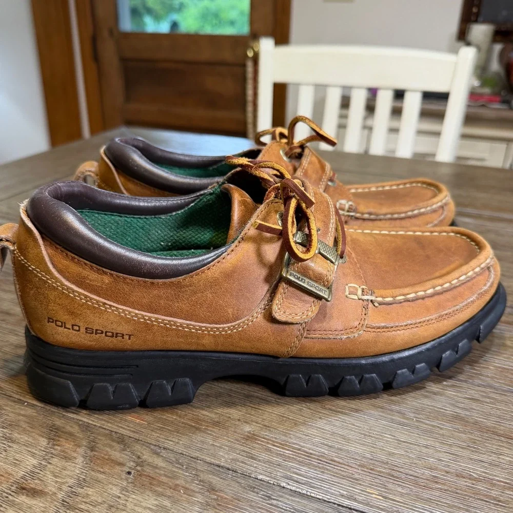 VTG Polo Sport Ralph Lauren Mens 10.5 D Brown Leather Buckle Lug Sole Boat Shoes